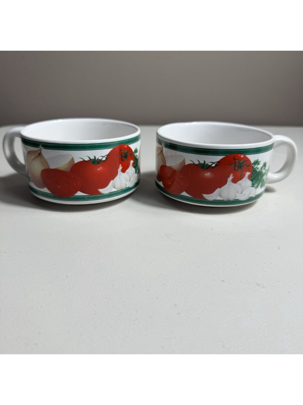 Vintage Ceramic Soup Mugs Bowls Set of 2 – Tomato Onion Garlic Veggie Print